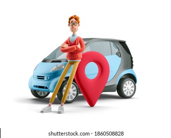 Car sharing concept. Nerd Larry with smart car. 3d illustration.