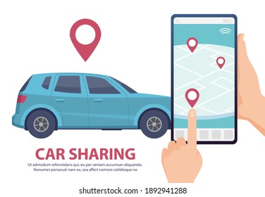 Car Sharing. Rent Car Online Mobile App Web Page Concept. Find Vehicle On Map Illustration. Blue Automobile, Smartphone, Hands