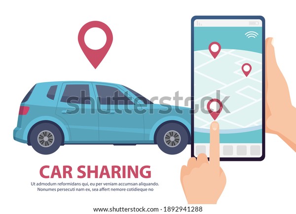 Car sharing. Rent car online mobile app web page\
concept. find vehicle on map illustration. Blue automobile,\
smartphone, hands