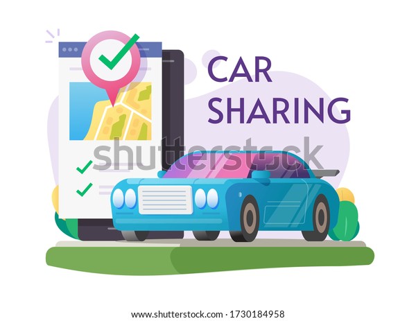 Car sharing rental via mobile phone service online\
or carsharing club for automobile rent using smartphone city map\
pin pointer auto location flat illustration, concept internet taxi\
cab image