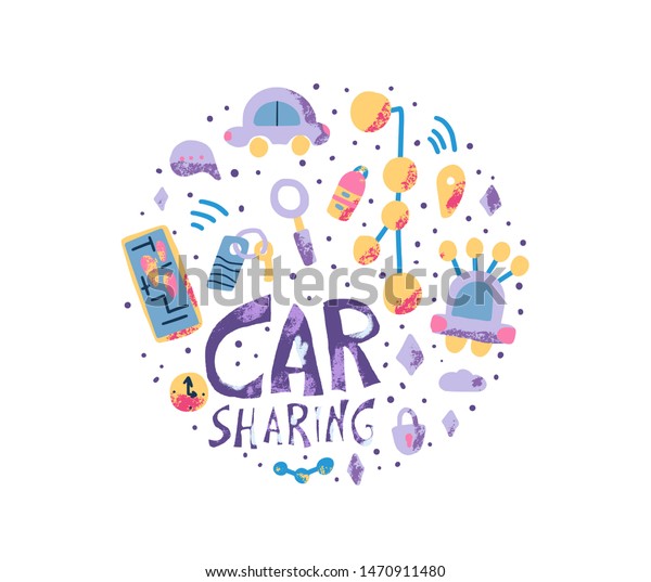 Car sharing round badge. Hand lettering with symbols\
composition. 