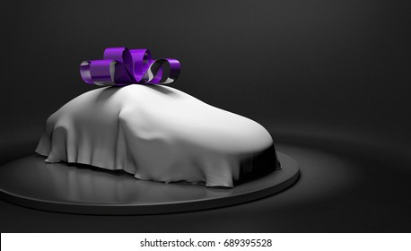 Car show concept of a new car wrapped with a cover and bow about to be revealed, 3D rendering