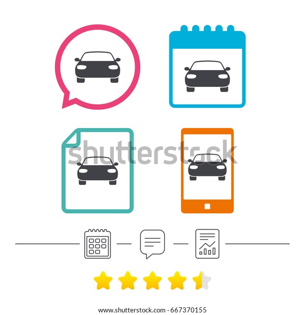 Car sign\
icon. Delivery transport symbol. Calendar, chat speech bubble and\
report linear icons. Star vote ranking.\
