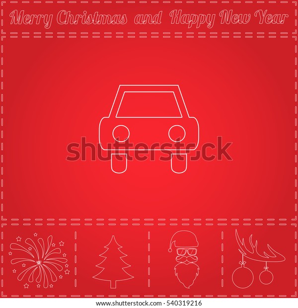 Car Simple flat button. Thin\
line pictogram and bonus outline symbol for New Year - Santa Claus,\
Xmas Tree, Firework, Balls on deer antlers. Illustration\
icon