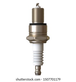 Car Spark Plug Used For Ignition, Spark Plug After Use, Isolate On White Background, Made Form Steel, Ceramic, Aluminum. 3D Rendering Of Excellent Quality In High Resolution