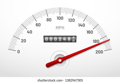 Car speedometer dashboard. Speed metre panel with odometer, miles counter and urgency dial or cars instrument fast dashboard. Mile gauge racing dash isolated  concept