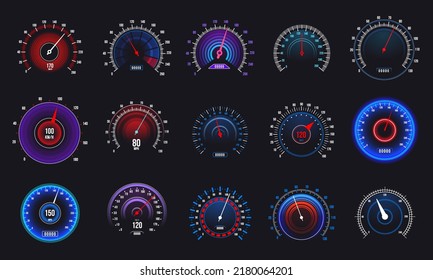 Car Speedometer. Odometer And RPM Motorbike Gauge, Automobile Speed Counter And Tachometer.  Auto Display Set. Futuristic Vehicle Dashboard For Speed Measurement Control, Auto Display