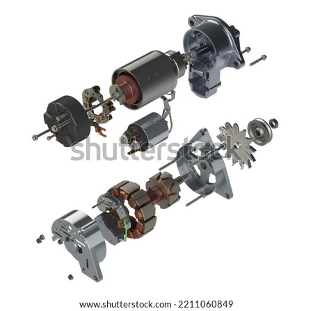 Car starter and alternator in exploded view 3D illustration isolated on white background