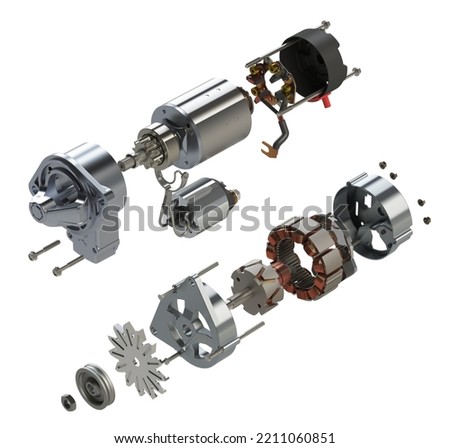 Car starter and alternator in exploded view 3D illustration isolated on white background
