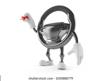 Car steering wheel character holding thumbtack isolated white background  3d illustration