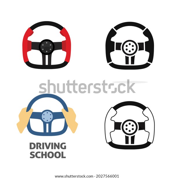 Car\
steering wheel isolated and with driver hand holding as extreme\
driving school logotype idea flat cartoon style and black and white\
pictogram, sport race rudder icon clipart\
image