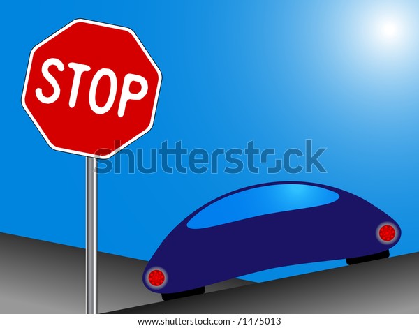 car and stop sign, funny drawing; abstract
art illustration