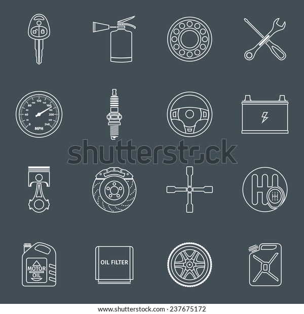 Car system vehicle parts\
technology auto repair outline icons set isolated \
illustration.