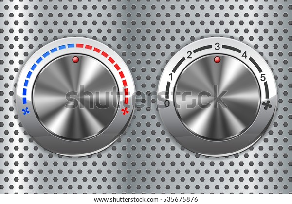 Car temperature and air flow speed selector.\
Chrome selectors on metal perforated background. 3d illustration.\
Raster version.
