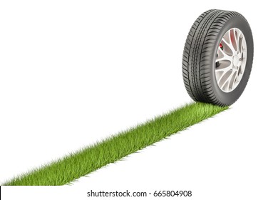 Car tire with grass print, eco concept. 3D rendering isolated on white background