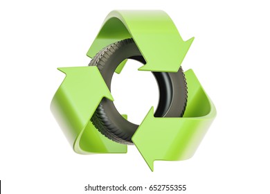 Car tire with recycle symbol, 3D rendering isolated on white background