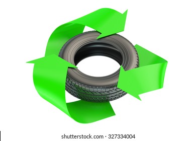 Car tire with recycle symbol isolated on white background