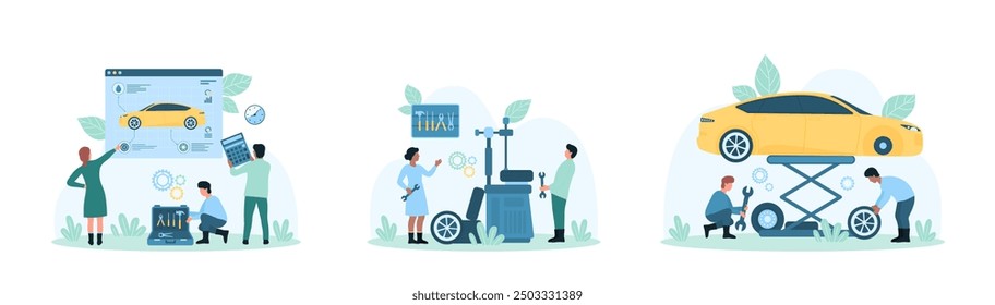 Car tire service set illustration. Cartoon tiny people disassembly automobiles wheel to replace winter tires, lift car, change wheel and tyre with mechanic tools and equipment of auto garage - Powered by Shutterstock