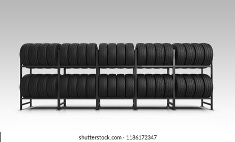 Car tire shop. Car tires on rack isolated on gradient background. 3d illustration. - Powered by Shutterstock