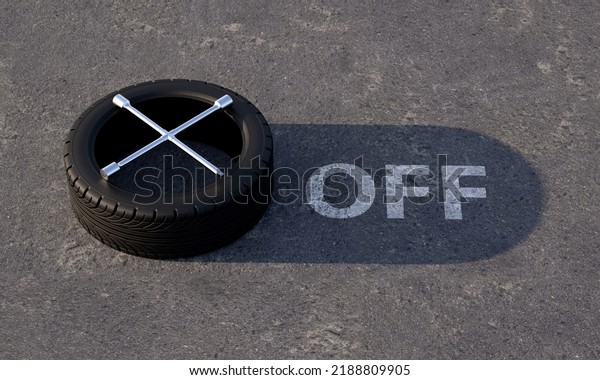Car tire with wrench on asphalt. The drop\
shadow looks like a switch slider button labeled OFF. Tire fitting\
concept. 3D\
rendering