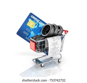 Car tires with a cash receipt and a credit card in a supermarket cart. 3D illustration - Powered by Shutterstock