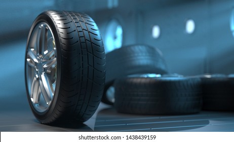 Car Tires In A Futuristic Room. Alloy Wheels.  3D Rendering 