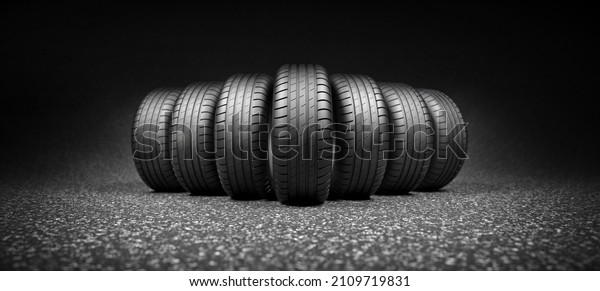 Car Tires on asphalt
road, 3d rendering