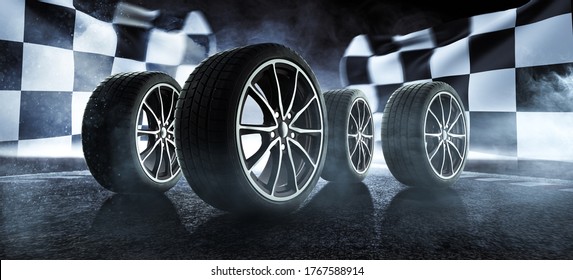 Car tires on a racetrack (3D rendering)
