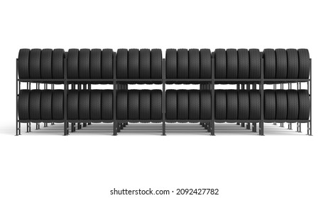 Car tires on rack. Car tires on rack. 3d illustration. - Powered by Shutterstock