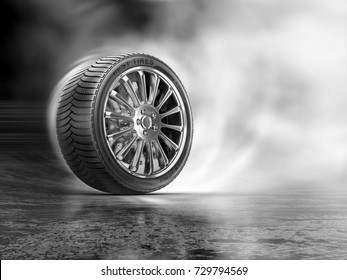 Car Tires Rolling On A Road At Clouds Of A White Smoke. 3d Illustration