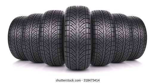 Car Tires In Row Isolated On White Background 3d