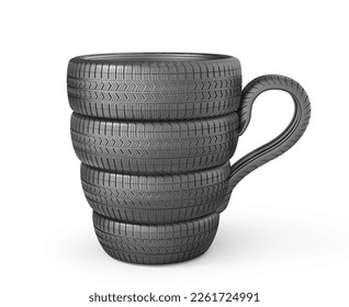 Car tires stack in form of cup coffee on a white background. 3d illustration