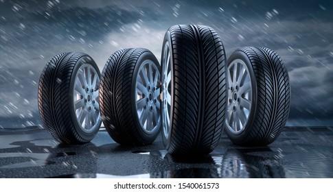 Car tires standing on a rainy road - heavy weather - 3D illustration
