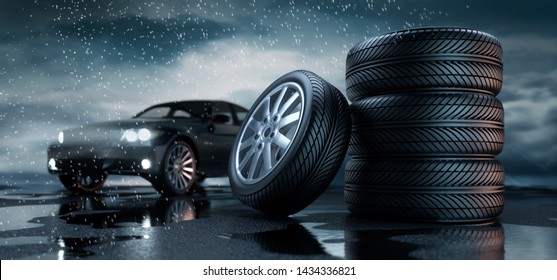 Car tires standing on a road - heavy weather - 3D illustration