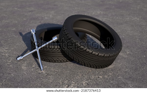 Car tires with wrench on asphalt. Tire fitting\
concept. 3D\
rendering