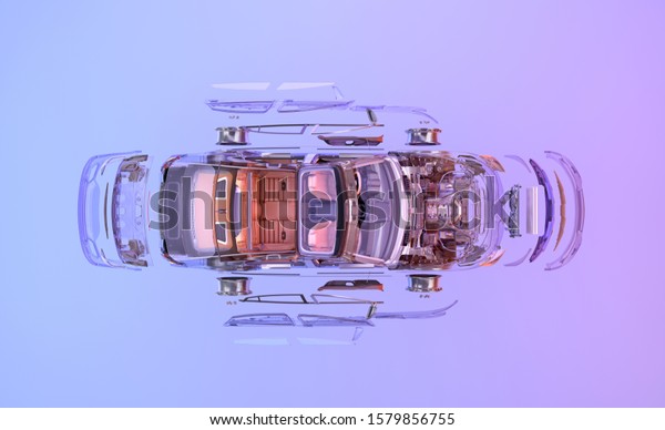 Car top view. 3D flat lay exploded view\
illustration of vehicle for automobile poster. Car assembly,\
automotive industry, auto repair service, spare parts business,\
technology ads design\
background