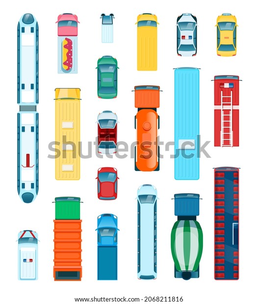 Car top view. Urban\
transport from above. Truck, bus, ambulance, taxi, police car. Flat\
city vehicles, transportation icon set. City or municipal service\
elements collection