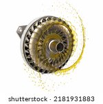Car torque converter with oil transmission. Torque converter with oil. Oils for transmission gearbox. Turbine of an automatic transmission. 3D rendering