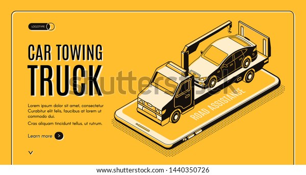 Car towing truck online service isometric web\
banner. Flatbed truck with crane carrying car on smartphone screen\
line art illustration. Road assistance company mobile application\
landing page