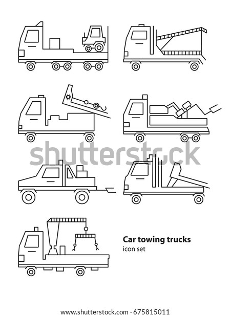 Car towing truck roadside\
assistance, lineart illustration for icon, logo. Evacuators car\
set.