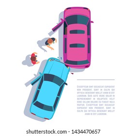 Car traffic accident. Crashed cars and people on road top view. Insurance concept. Vehicle auto traffic, damage automobile illustration