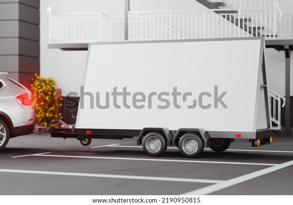 Car trailer\
with billboard mockup. 3D\
rendering
