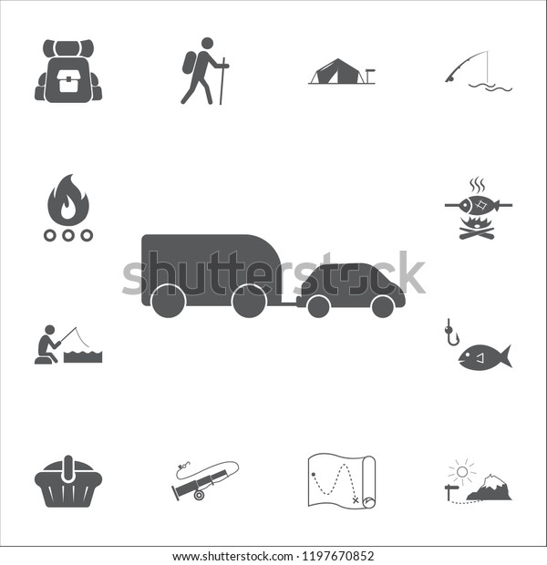 Car trailer icon. Set of camping icons on the\
whtie background