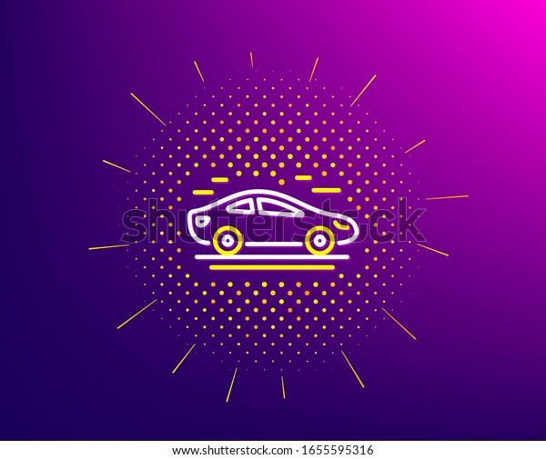 Car transport line icon. Halftone pattern.\
Transportation vehicle sign. Driving symbol. Gradient background.\
Car line icon. Yellow halftone\
pattern.