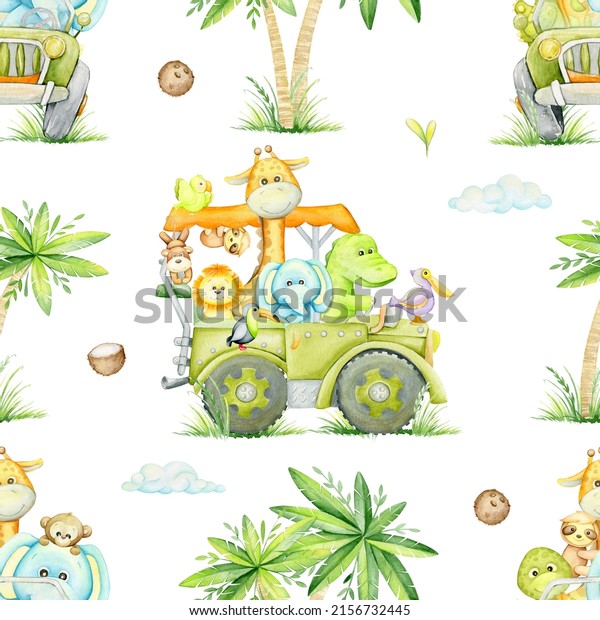 Car, tropical animals,\
palm tree. Watercolor seamless pattern, cartoon style, on an\
isolated\
background.
