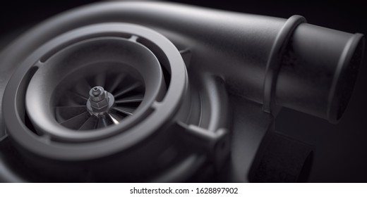 Car turbocharger on black background. Auto part turbo engine technology concept. 3d illustration