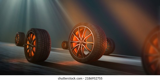 Car Tyres On A Race Track (3D Rendering)