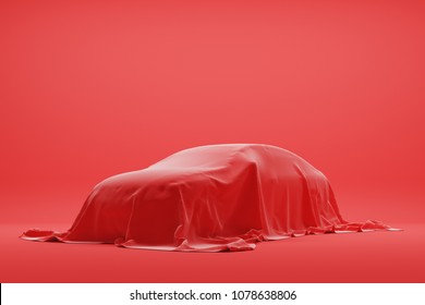 The Car Under Red Cloth In Photo Studio. 3d Rendering