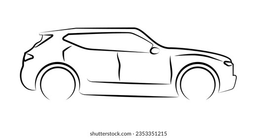 A car vector illustration created using a black outline and perspective sketch isolated on a white background