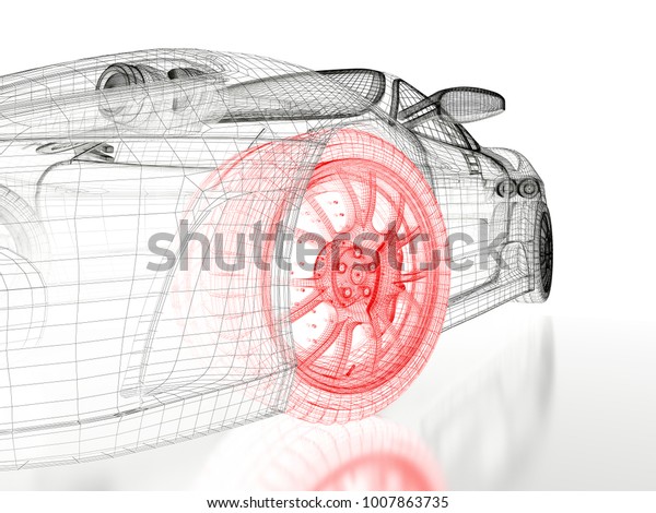 Car vehicle 3d blueprint\
mesh model with a red wheel tire on a white background. 3d rendered\
image